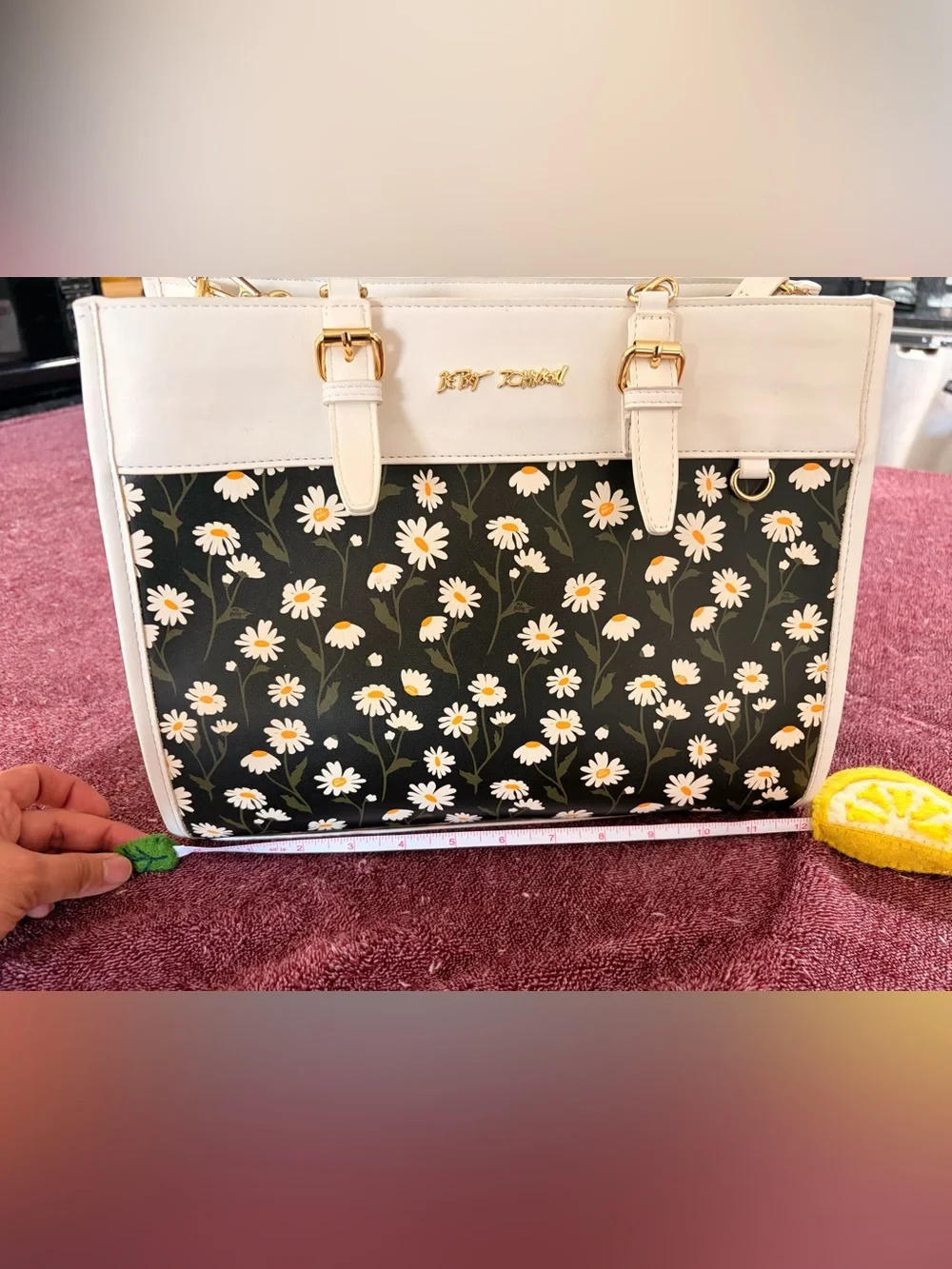 Betsey Johnson Black Tote with Cream Trim & White Daisy Print - Picture 1 of 11